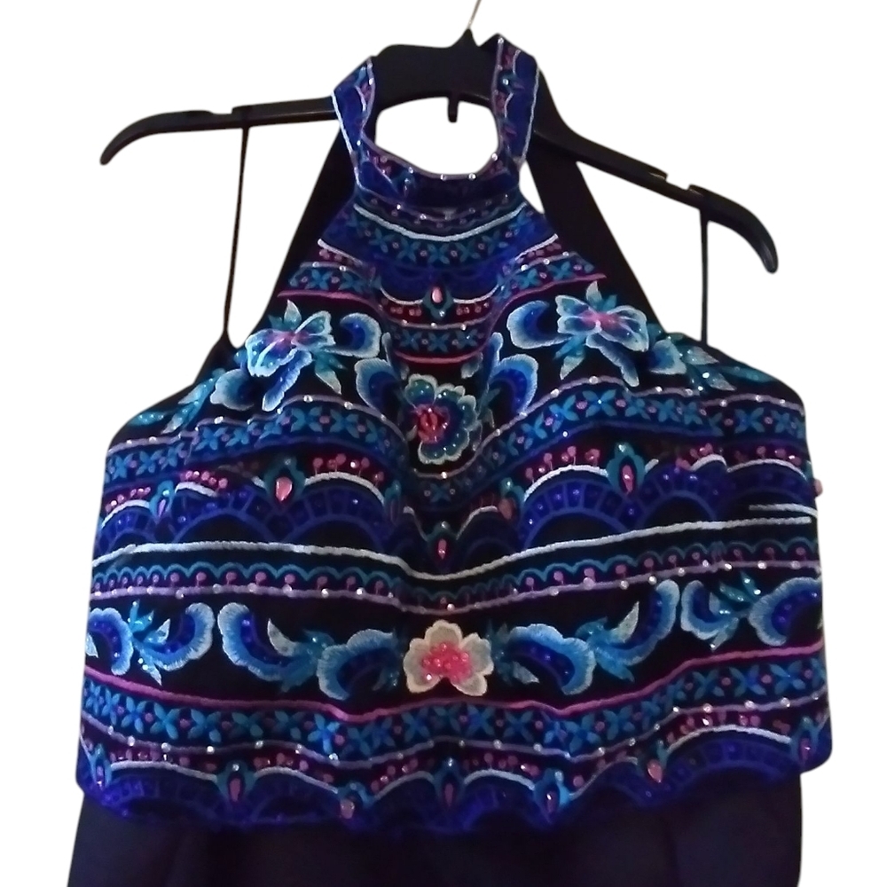 2pc Cabana Type Gown Elegant Black With Colorful Beaded  Halter Bra Type Flared